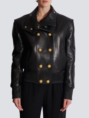 Balmain Black Leather Double-Breasted Jacket with Gold Buttons